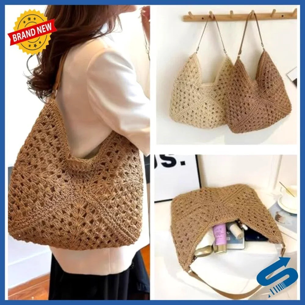 Straw Woven Hobo Bag Handmade Tote Beach Travel Shoulder Bag Boho Chic